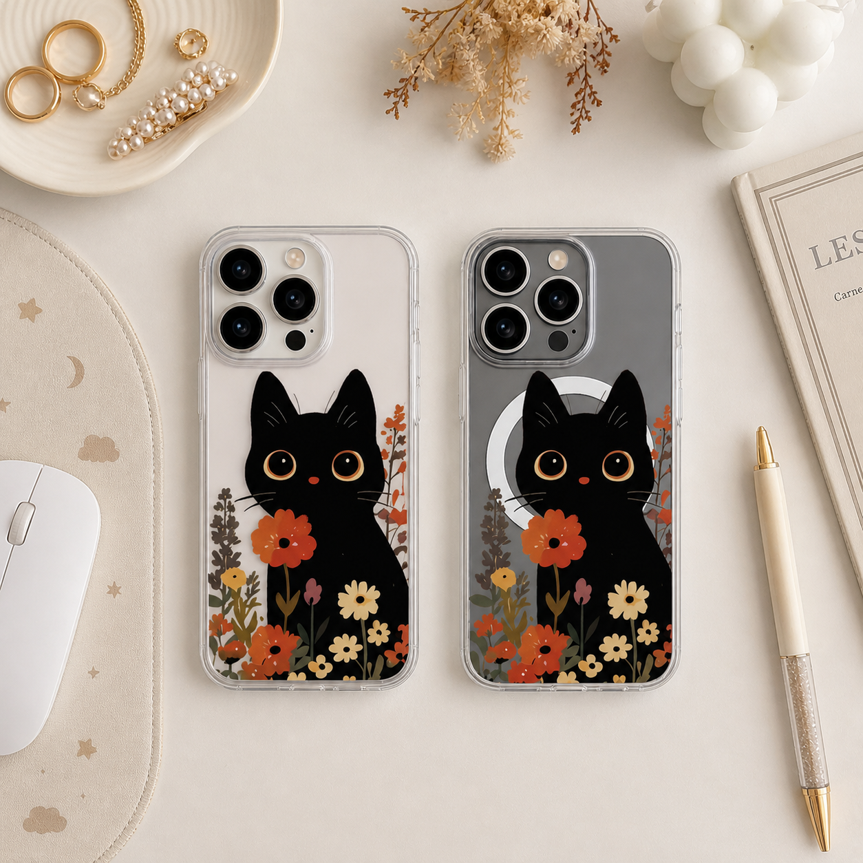 Cute Black Cat Floral iPhone Case , Samsung Case, Kawaii Kitty Flower Phone Cover, MagSafe Case