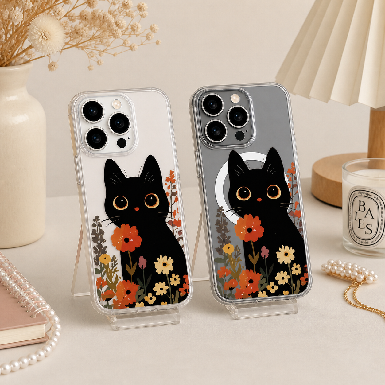 Cute Black Cat Floral iPhone Case , Samsung Case, Kawaii Kitty Flower Phone Cover, MagSafe Case