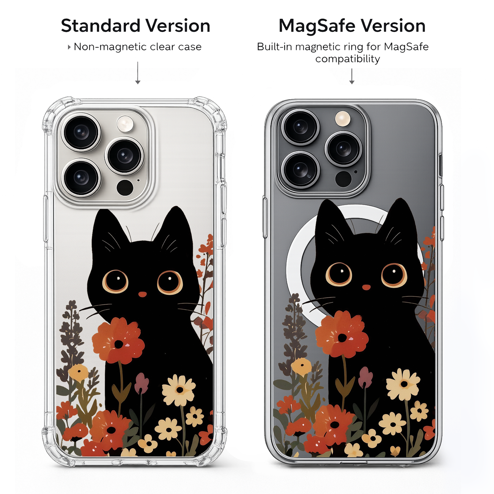 Cute Black Cat Floral iPhone Case , Samsung Case, Kawaii Kitty Flower Phone Cover, MagSafe Case