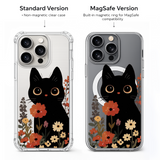 Cute Black Cat Floral iPhone Case , Samsung Case, Kawaii Kitty Flower Phone Cover, MagSafe Case