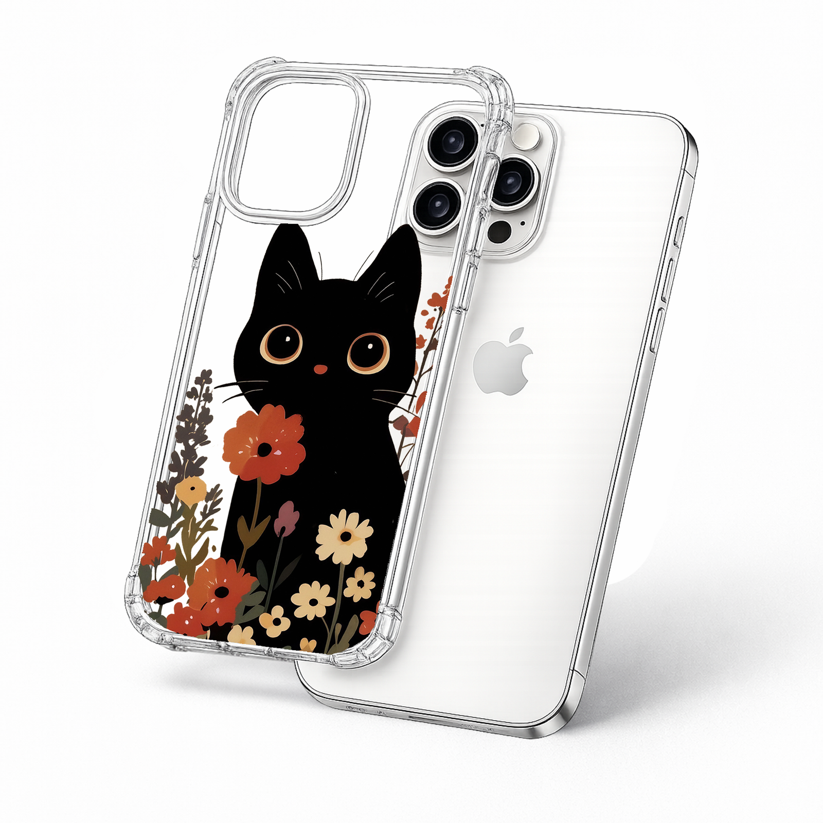 Cute Black Cat Floral iPhone Case , Samsung Case, Kawaii Kitty Flower Phone Cover, MagSafe Case