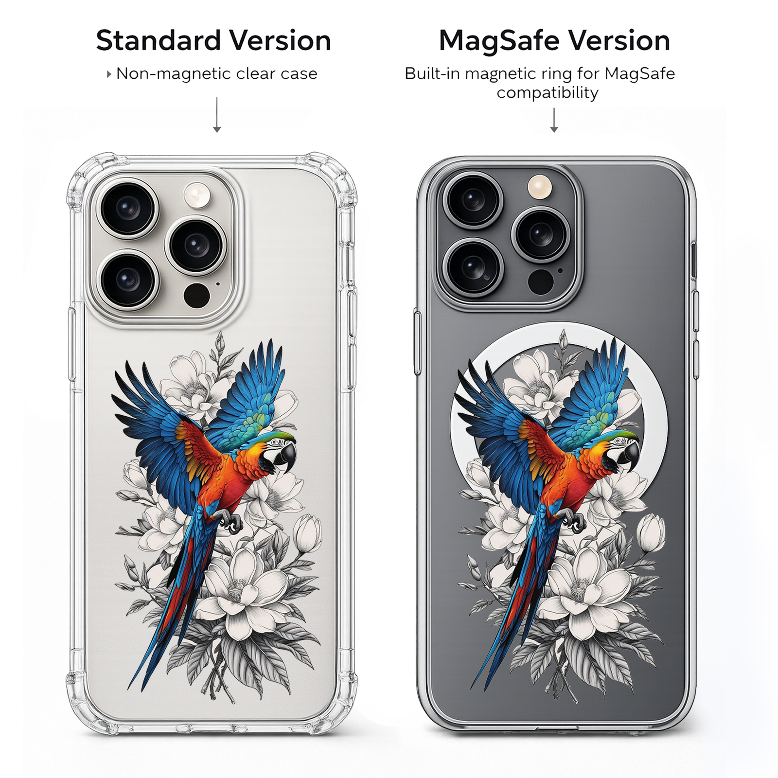 Colorful Macaw Parrot iPhone Case , Samsung Case, Tropical Bird Floral Phone Cover, MagSafe Case