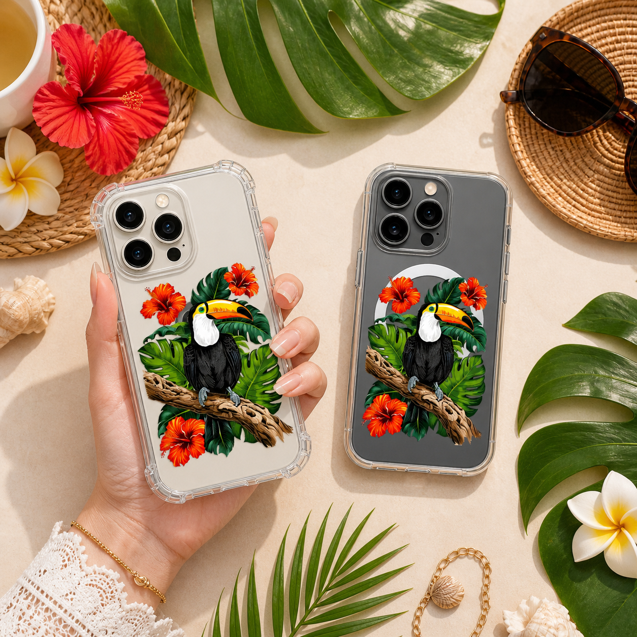 Tropical Toucan Bird iPhone Case , Samsung Case, Jungle Hibiscus Flower Phone Cover, MagSafe Case