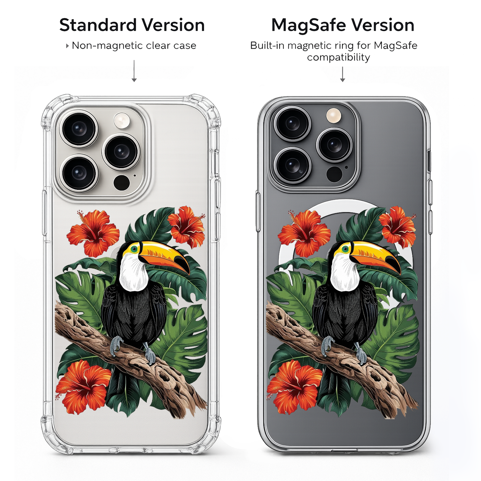 Tropical Toucan Bird iPhone Case , Samsung Case, Jungle Hibiscus Flower Phone Cover, MagSafe Case