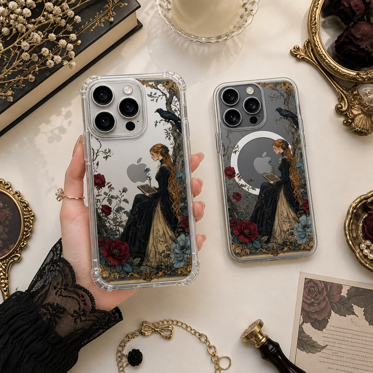Gothic Reading Lady iPhone Case , Samsung Case, Dark Academia Vintage Art Phone Cover, MagSafe Case