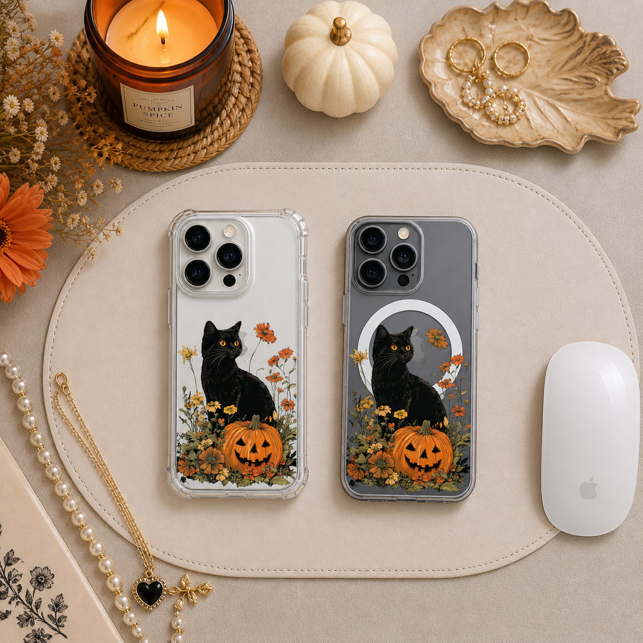 Black Cat Pumpkin iPhone Case , Samsung Case, Halloween Kitty Autumn Phone Cover, MagSafe Case