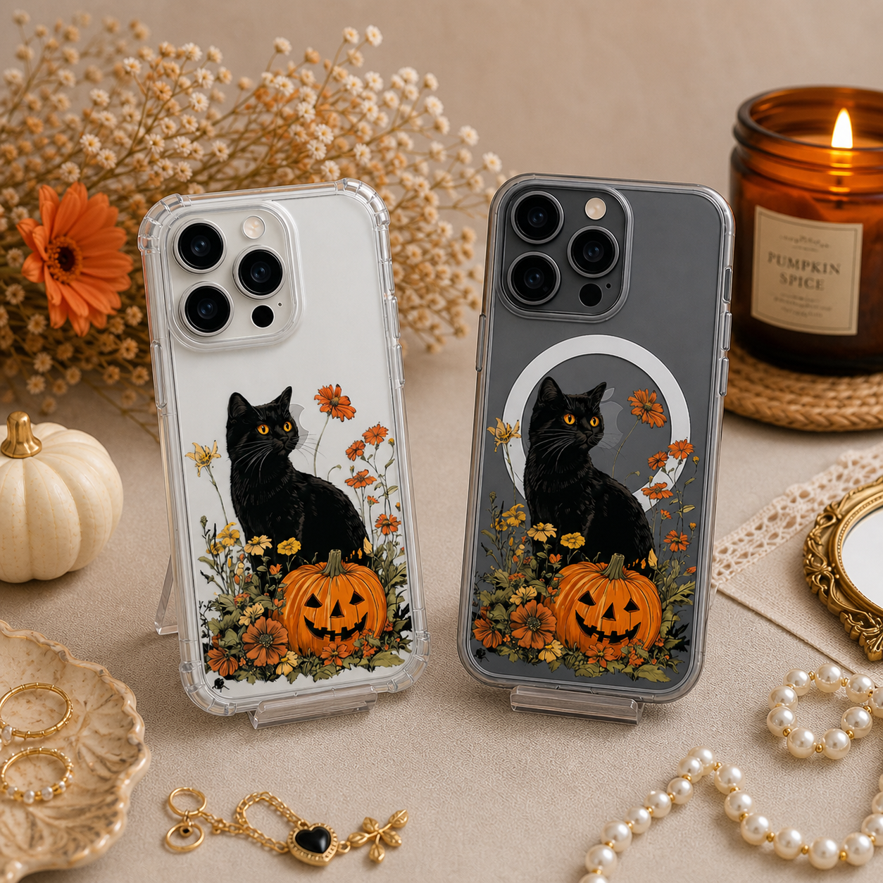 Black Cat Pumpkin iPhone Case , Samsung Case, Halloween Kitty Autumn Phone Cover, MagSafe Case