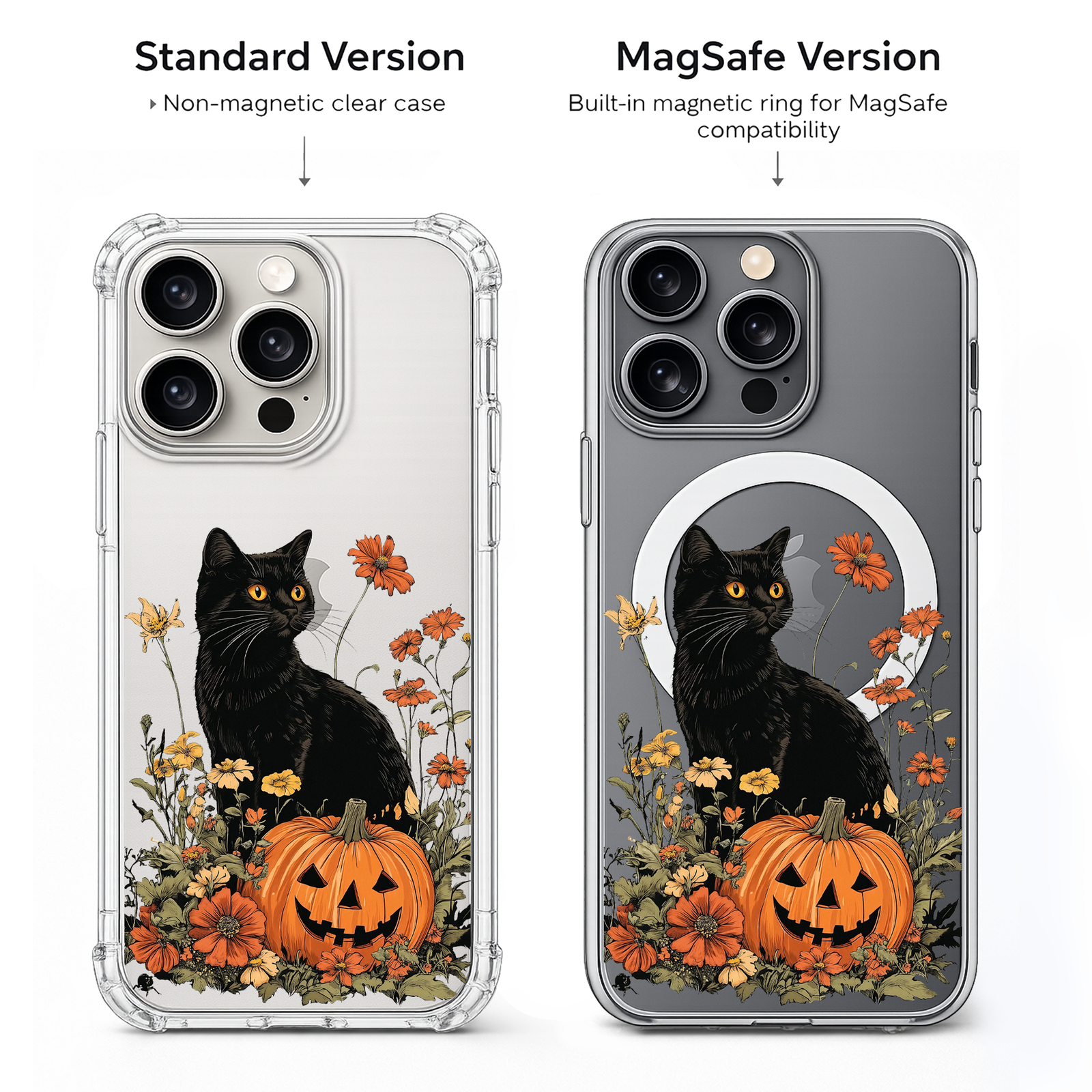 Black Cat Pumpkin iPhone Case , Samsung Case, Halloween Kitty Autumn Phone Cover, MagSafe Case