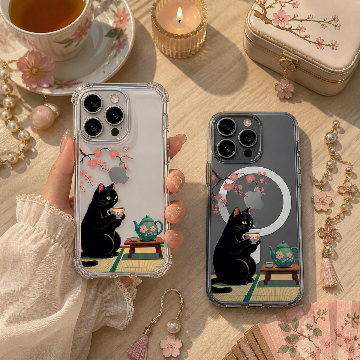 Black Cat Tea Time iPhone Case , Samsung Case, Cozy Sakura Kitty Phone Cover, MagSafe Case