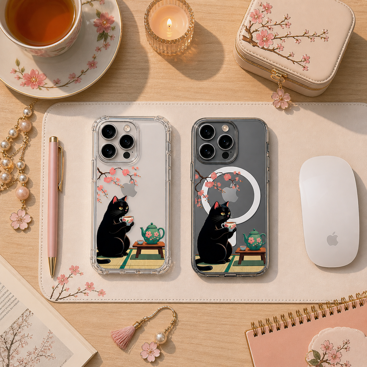 Black Cat Tea Time iPhone Case , Samsung Case, Cozy Sakura Kitty Phone Cover, MagSafe Case