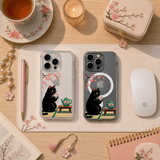 Black Cat Tea Time iPhone Case , Samsung Case, Cozy Sakura Kitty Phone Cover, MagSafe Case