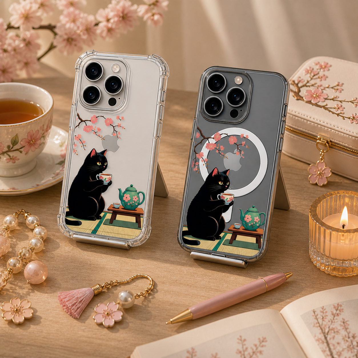 Black Cat Tea Time iPhone Case , Samsung Case, Cozy Sakura Kitty Phone Cover, MagSafe Case