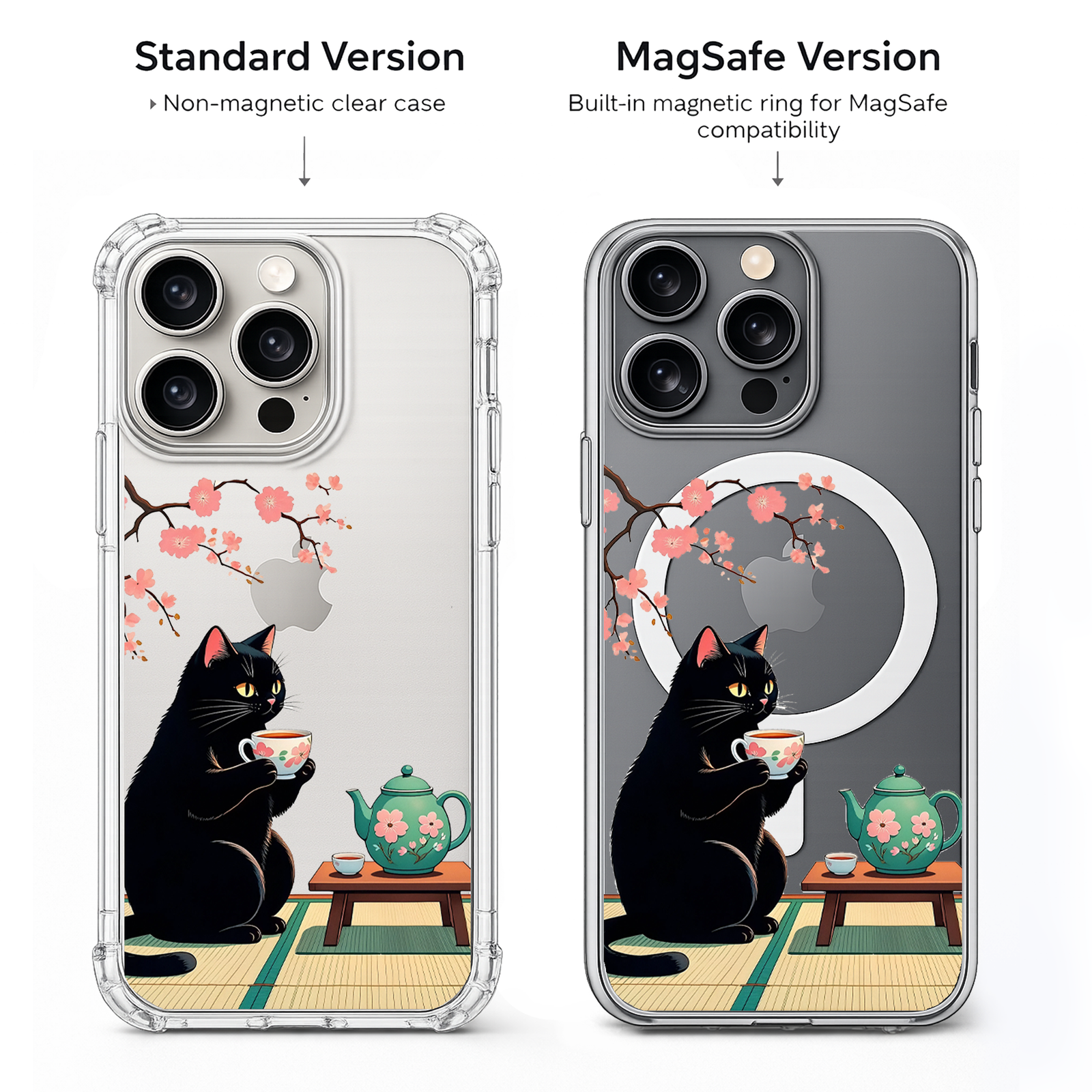 Black Cat Tea Time iPhone Case , Samsung Case, Cozy Sakura Kitty Phone Cover, MagSafe Case