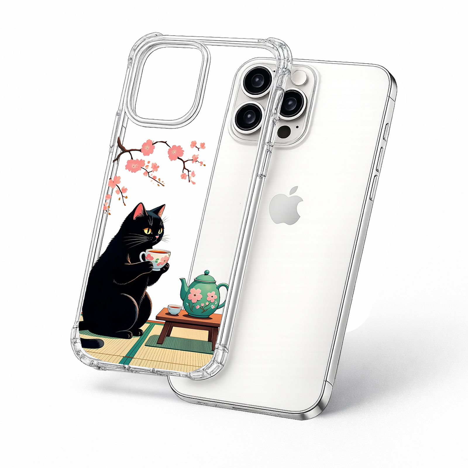 Black Cat Tea Time iPhone Case , Samsung Case, Cozy Sakura Kitty Phone Cover, MagSafe Case