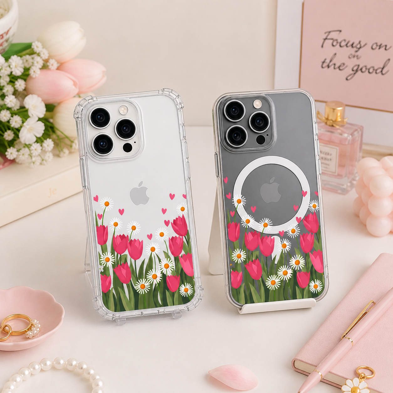 Pink Tulip Daisy Garden iPhone Case , Samsung Case, Cute Floral Spring Phone Cover, MagSafe Case