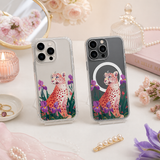 Pink Leopard Iris Flower iPhone Case , Samsung Case, Elegant Wild Cat Phone Cover, MagSafe Case