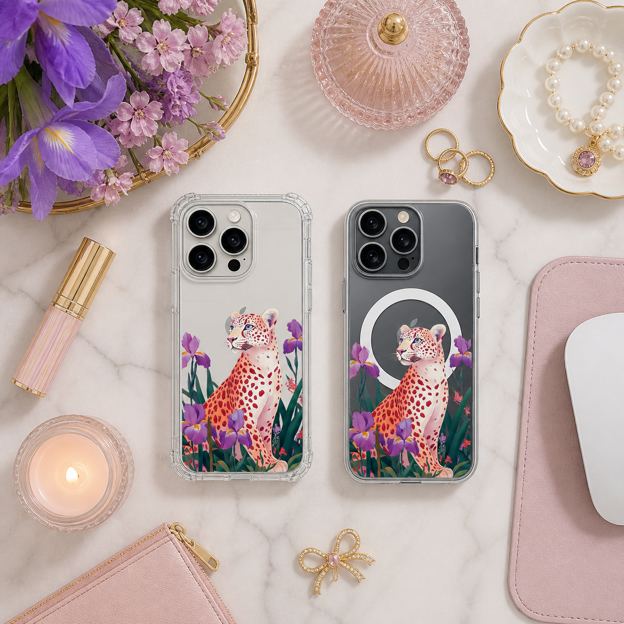 Pink Leopard Iris Flower iPhone Case , Samsung Case, Elegant Wild Cat Phone Cover, MagSafe Case