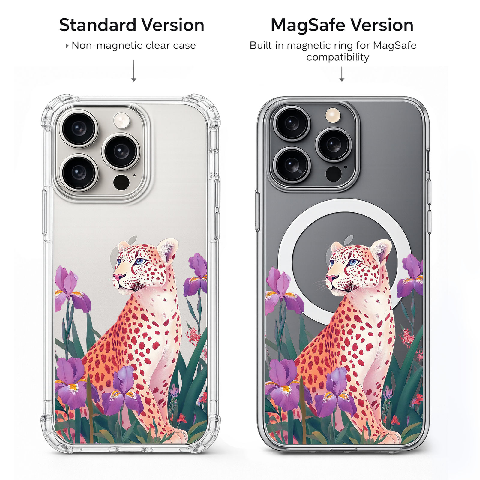 Pink Leopard Iris Flower iPhone Case , Samsung Case, Elegant Wild Cat Phone Cover, MagSafe Case