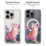 Pink Leopard Iris Flower iPhone Case , Samsung Case, Elegant Wild Cat Phone Cover, MagSafe Case