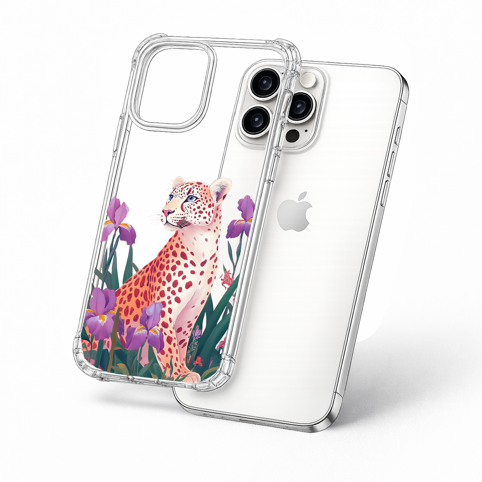Pink Leopard Iris Flower iPhone Case , Samsung Case, Elegant Wild Cat Phone Cover, MagSafe Case
