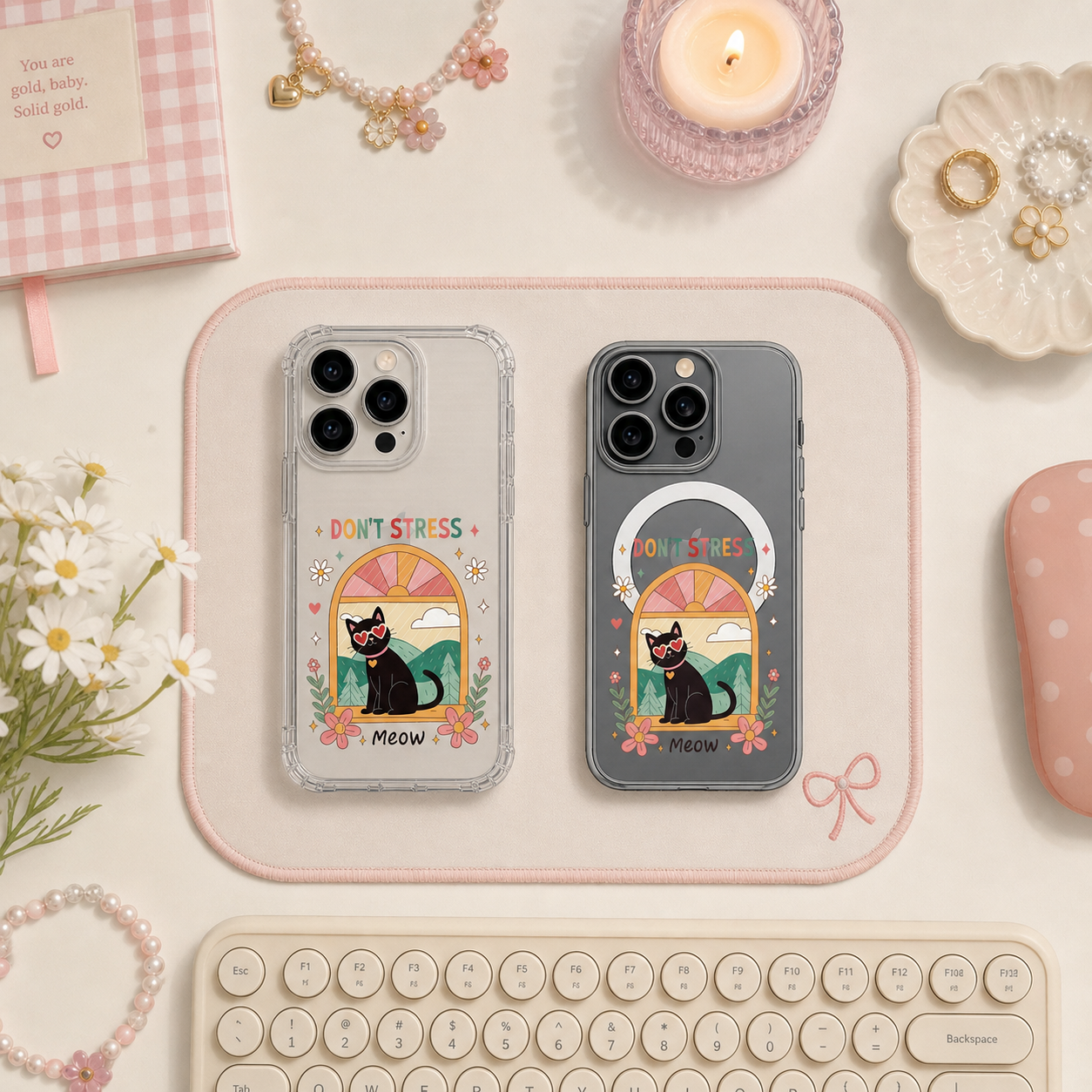 Don't Stress Black Cat iPhone Case , Samsung Case, Cute Retro Kitty Phone Cover, MagSafe Case