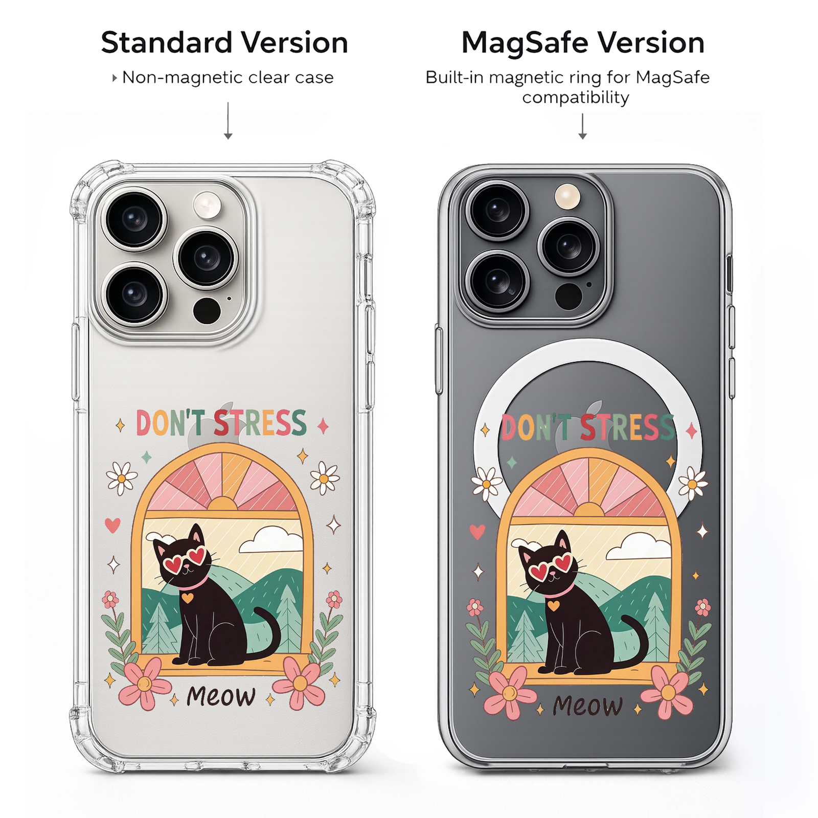 Don't Stress Black Cat iPhone Case , Samsung Case, Cute Retro Kitty Phone Cover, MagSafe Case