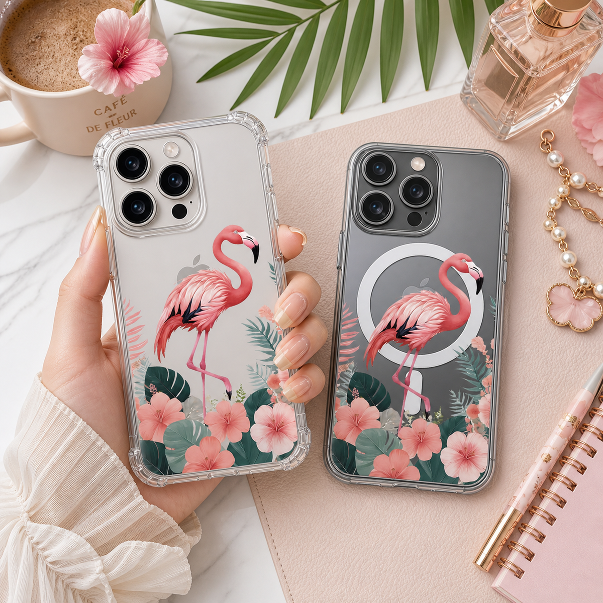 Pink Flamingo Floral iPhone Case , Samsung Case, Elegant Tropical Bird Phone Cover, MagSafe Case