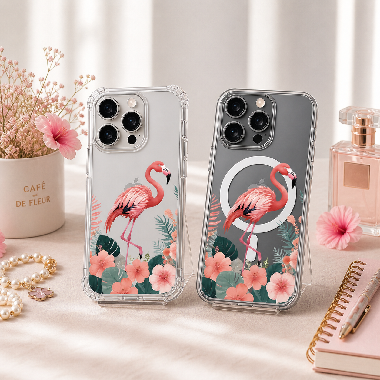 Pink Flamingo Floral iPhone Case , Samsung Case, Elegant Tropical Bird Phone Cover, MagSafe Case