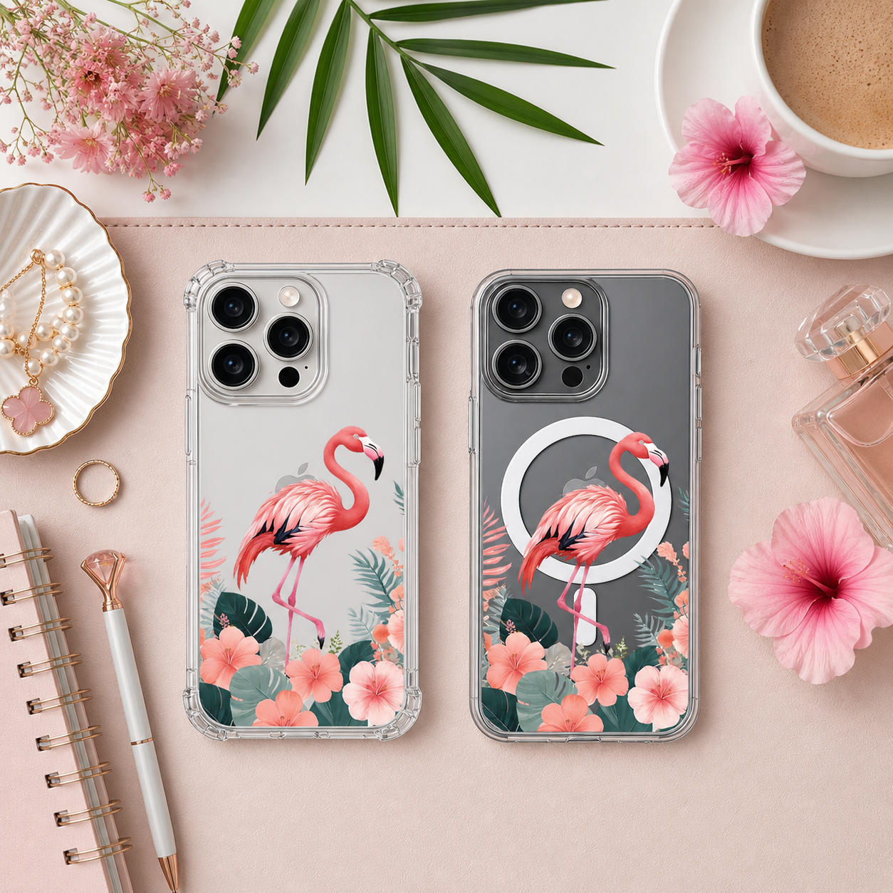 Pink Flamingo Floral iPhone Case , Samsung Case, Elegant Tropical Bird Phone Cover, MagSafe Case