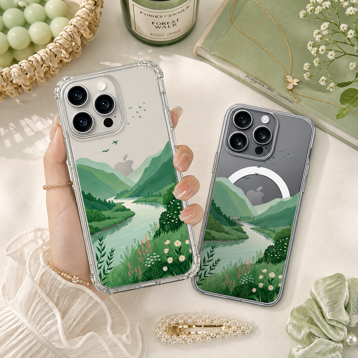 Green Valley River Landscape iPhone Case , Samsung Case, Peaceful Nature Phone Cover, MagSafe Case