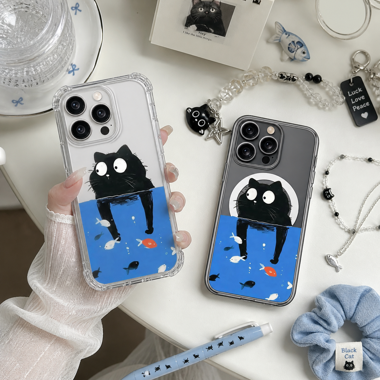 Funny Black Cat Fish Tank iPhone Case , Samsung Case, Cute Cartoon Kitty Phone Cover, MagSafe Case