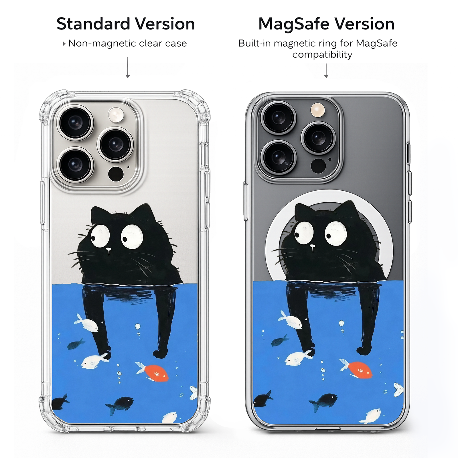 Funny Black Cat Fish Tank iPhone Case , Samsung Case, Cute Cartoon Kitty Phone Cover, MagSafe Case