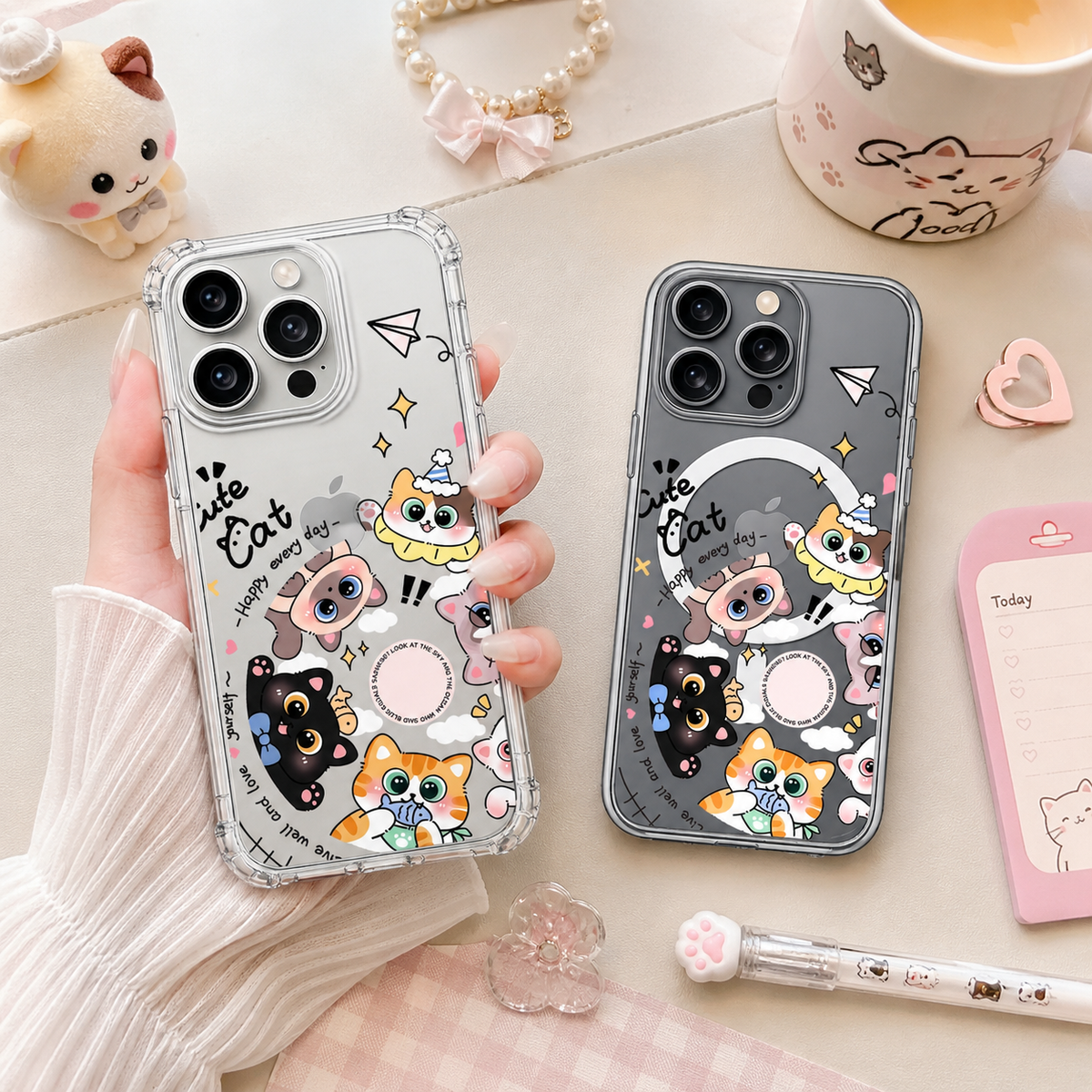 Kawaii Cute Cat Collage iPhone Case , Samsung Case, Cartoon Kitty Phone Cover, MagSafe Case