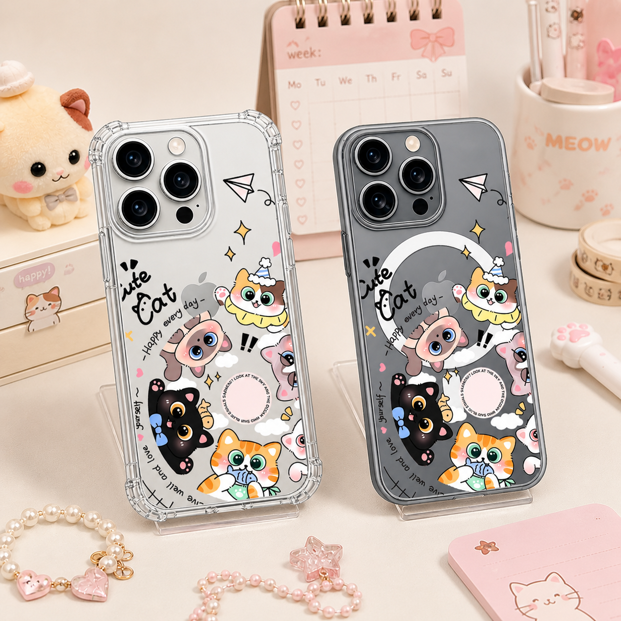 Kawaii Cute Cat Collage iPhone Case , Samsung Case, Cartoon Kitty Phone Cover, MagSafe Case