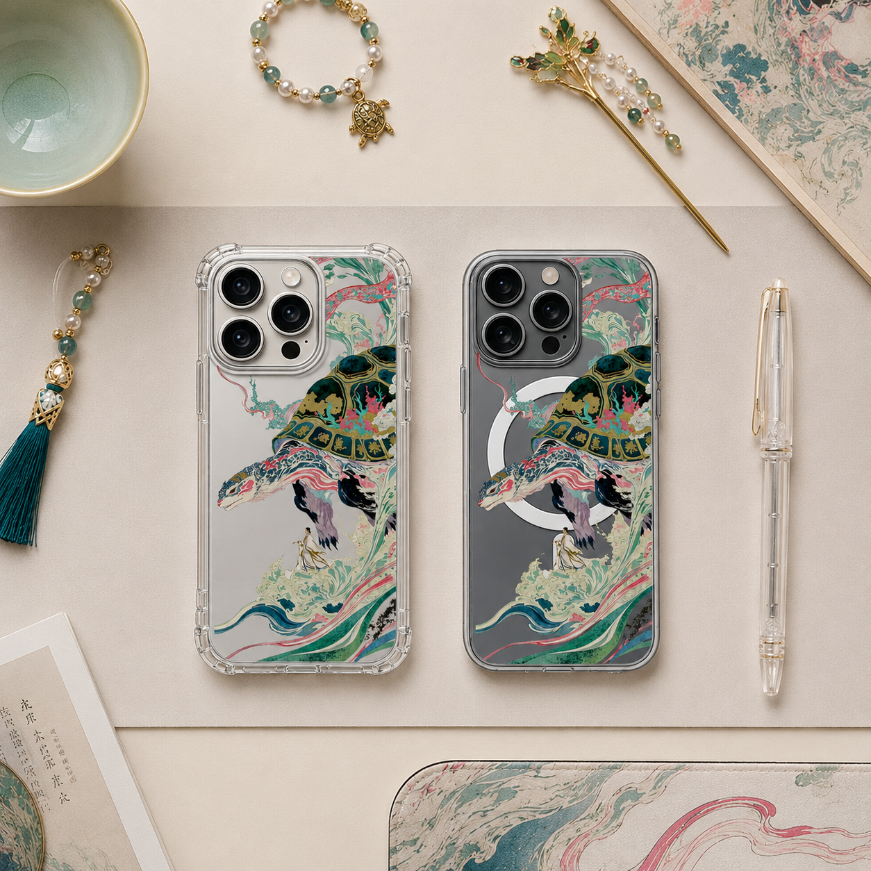 Japanese Sea Turtle Art iPhone Case , Samsung Case, Oriental Ocean Fantasy Phone Cover, MagSafe Case