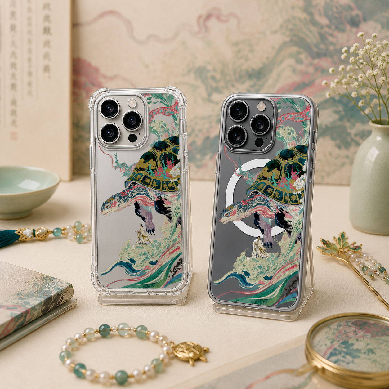 Japanese Sea Turtle Art iPhone Case , Samsung Case, Oriental Ocean Fantasy Phone Cover, MagSafe Case