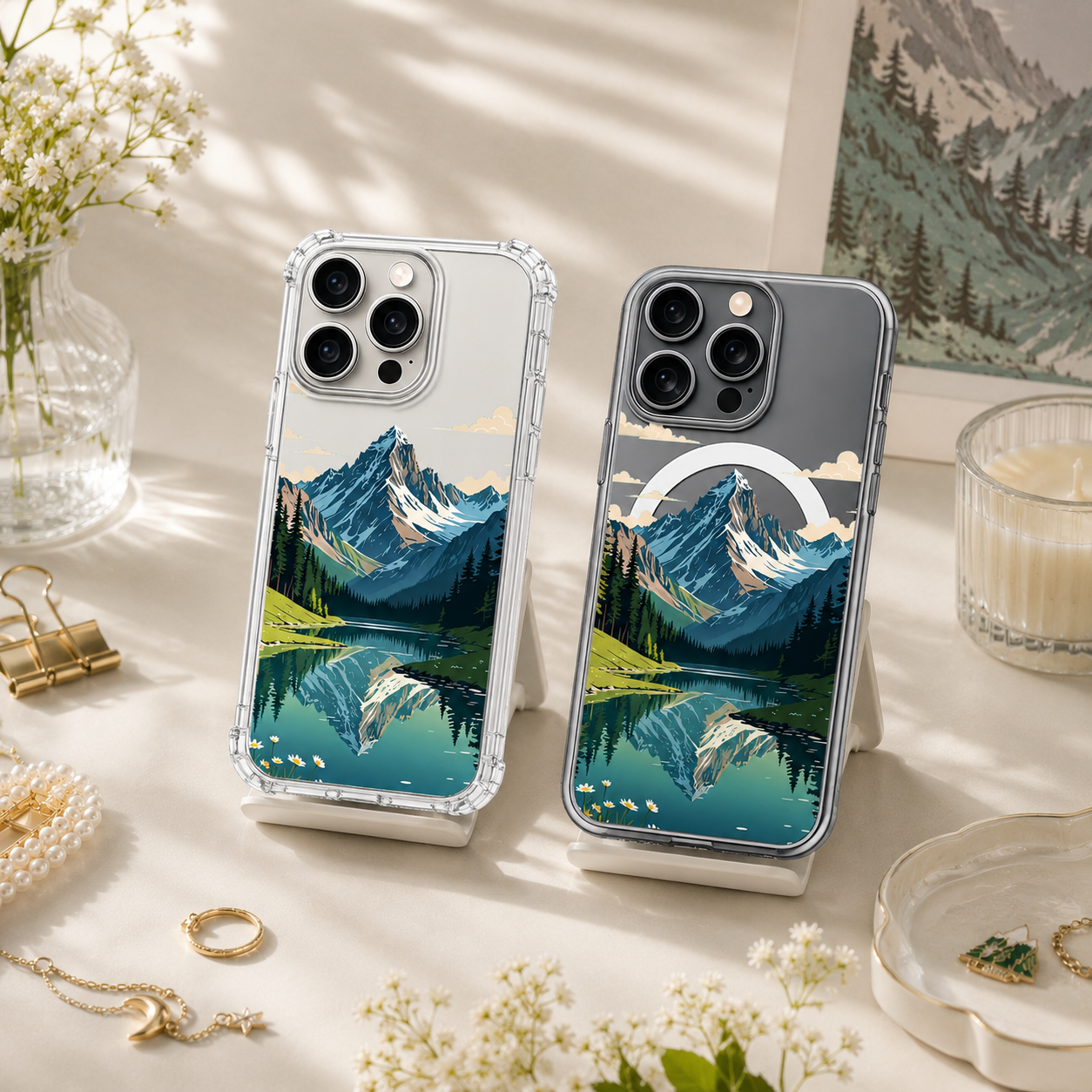 Mountain Lake Reflection iPhone Case , Samsung Case, Scenic Nature Landscape Phone Cover, MagSafe Case