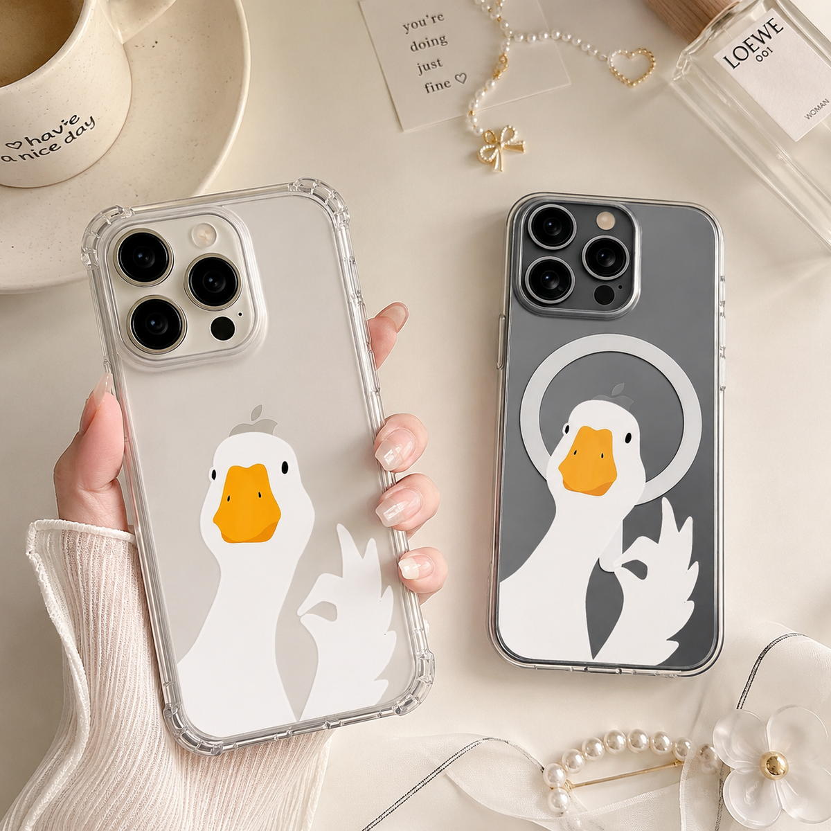 Cute Duck OK Gesture iPhone Case , Samsung Case, Funny Goose Cartoon Phone Cover, MagSafe Case