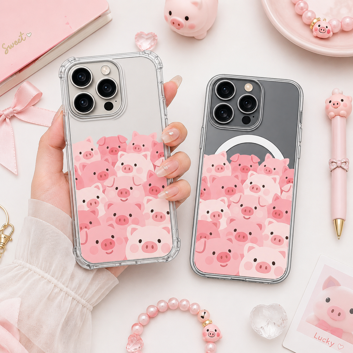 Kawaii Pink Pig Pattern iPhone Case , Samsung Case, Cute Farm Animal Phone Cover, MagSafe Case