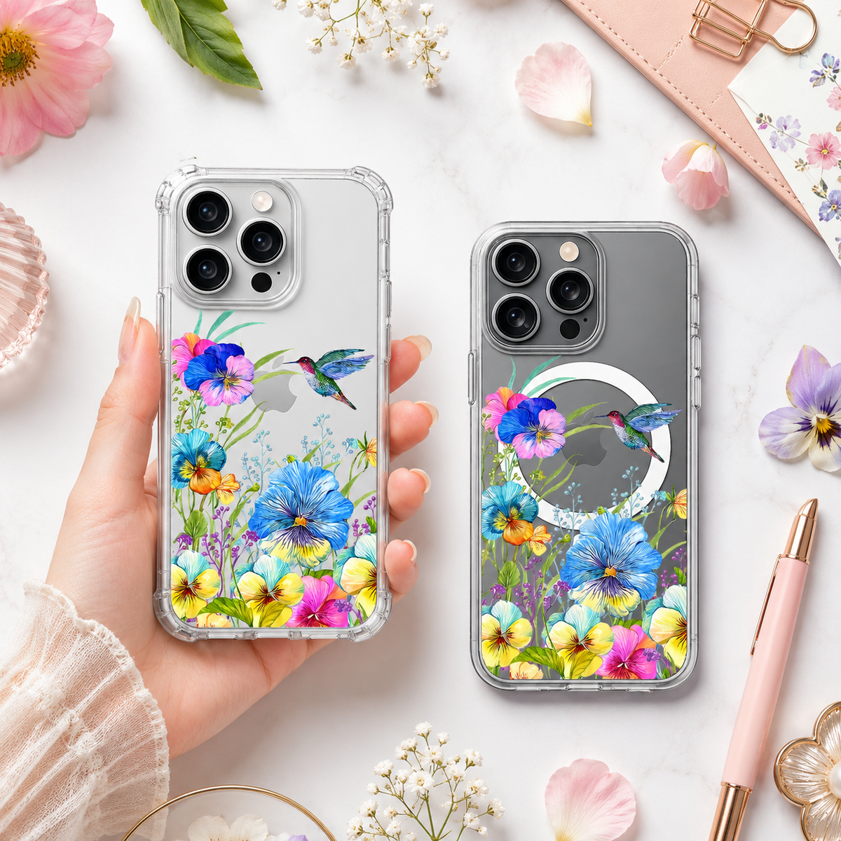 Colorful Hummingbird Floral iPhone Case , Samsung Case, Watercolor Flower Garden Phone Cover, MagSafe Case