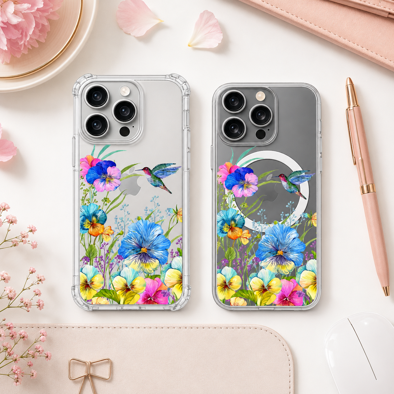 Colorful Hummingbird Floral iPhone Case , Samsung Case, Watercolor Flower Garden Phone Cover, MagSafe Case