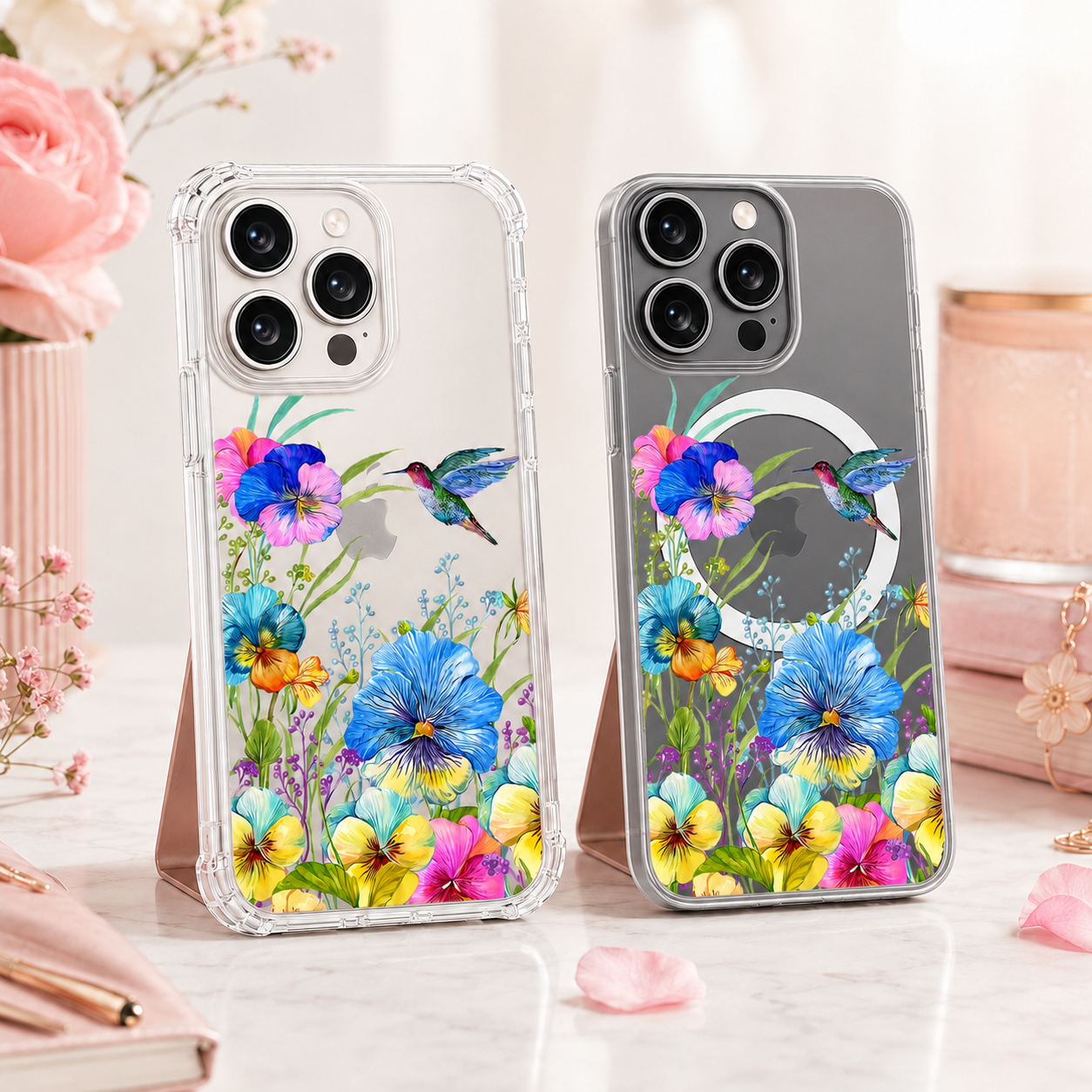 Colorful Hummingbird Floral iPhone Case , Samsung Case, Watercolor Flower Garden Phone Cover, MagSafe Case