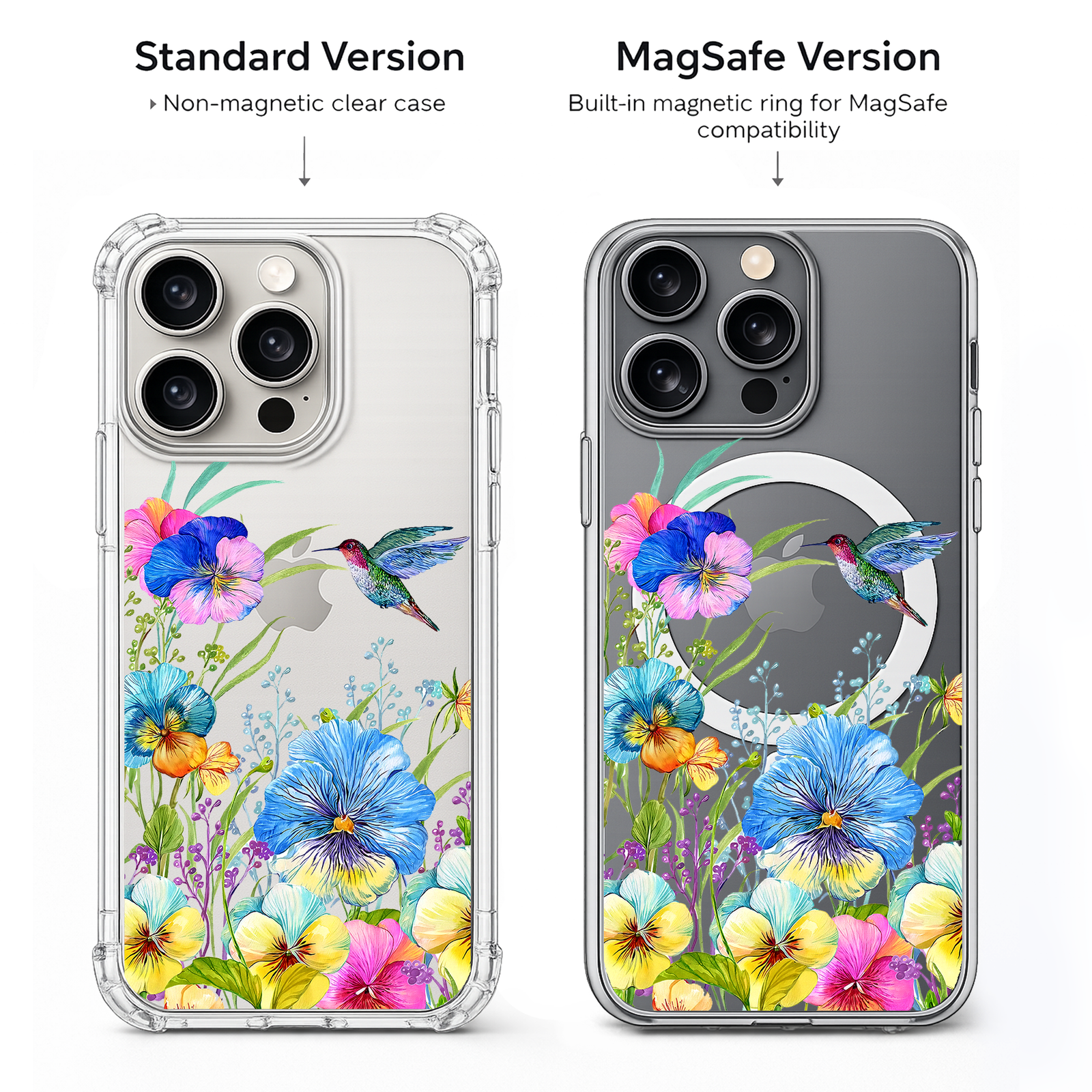 Colorful Hummingbird Floral iPhone Case , Samsung Case, Watercolor Flower Garden Phone Cover, MagSafe Case