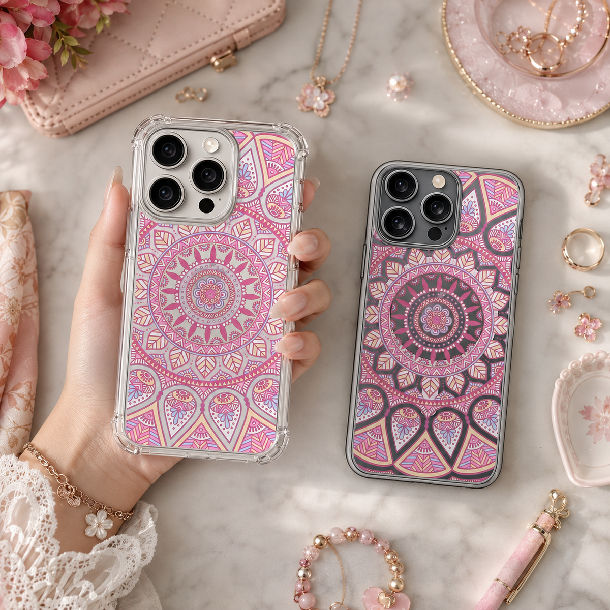 Pink Mandala Pattern iPhone Case , Samsung Case, Boho Floral Geometric Phone Cover, MagSafe Case