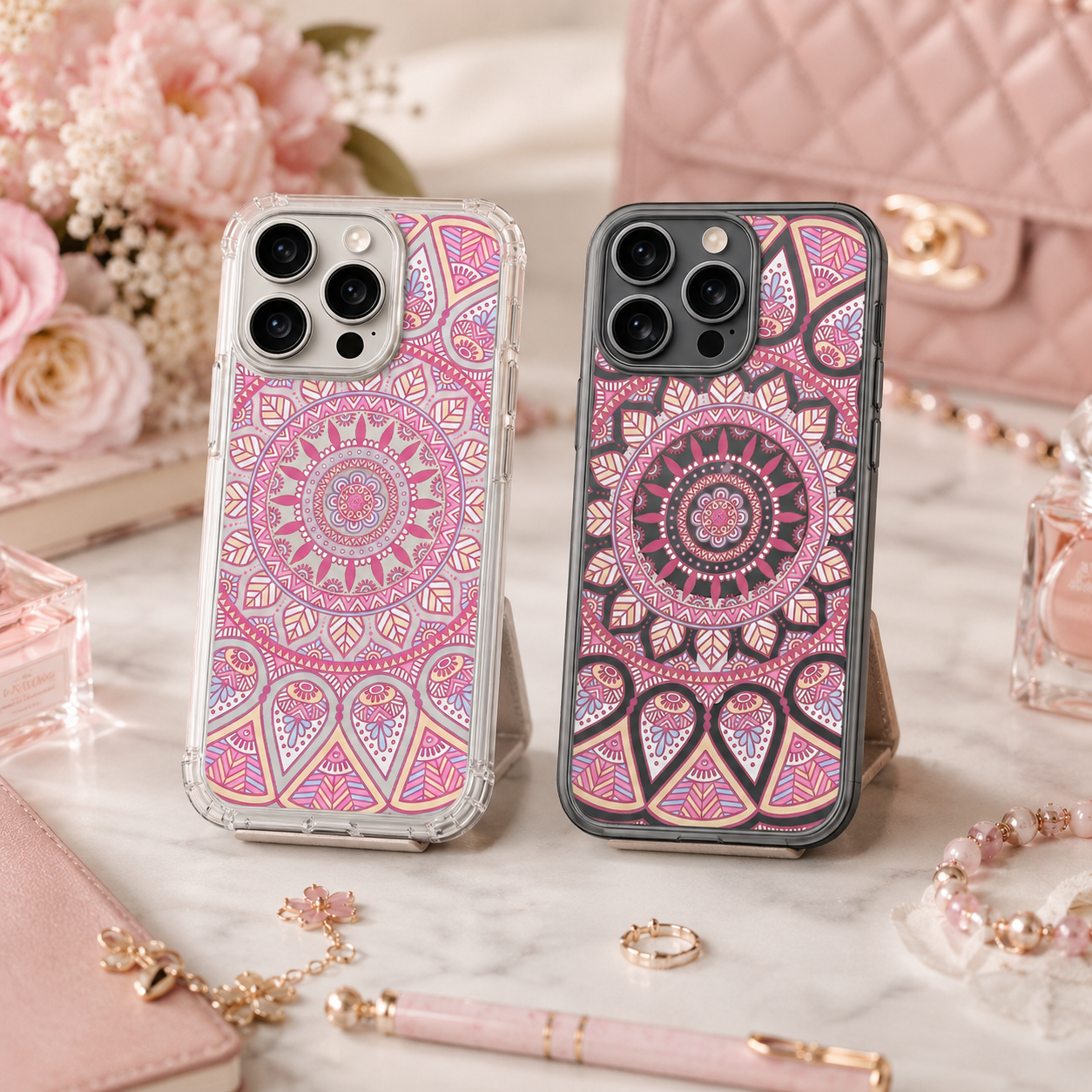 Pink Mandala Pattern iPhone Case , Samsung Case, Boho Floral Geometric Phone Cover, MagSafe Case