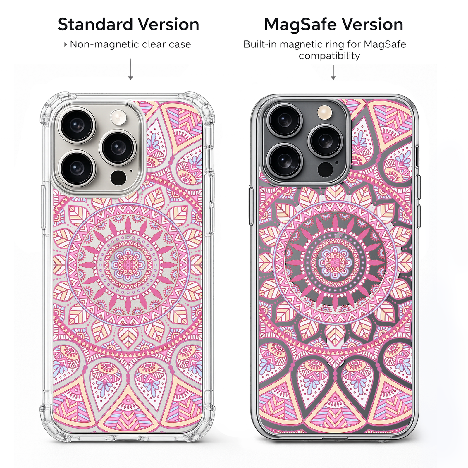Pink Mandala Pattern iPhone Case , Samsung Case, Boho Floral Geometric Phone Cover, MagSafe Case