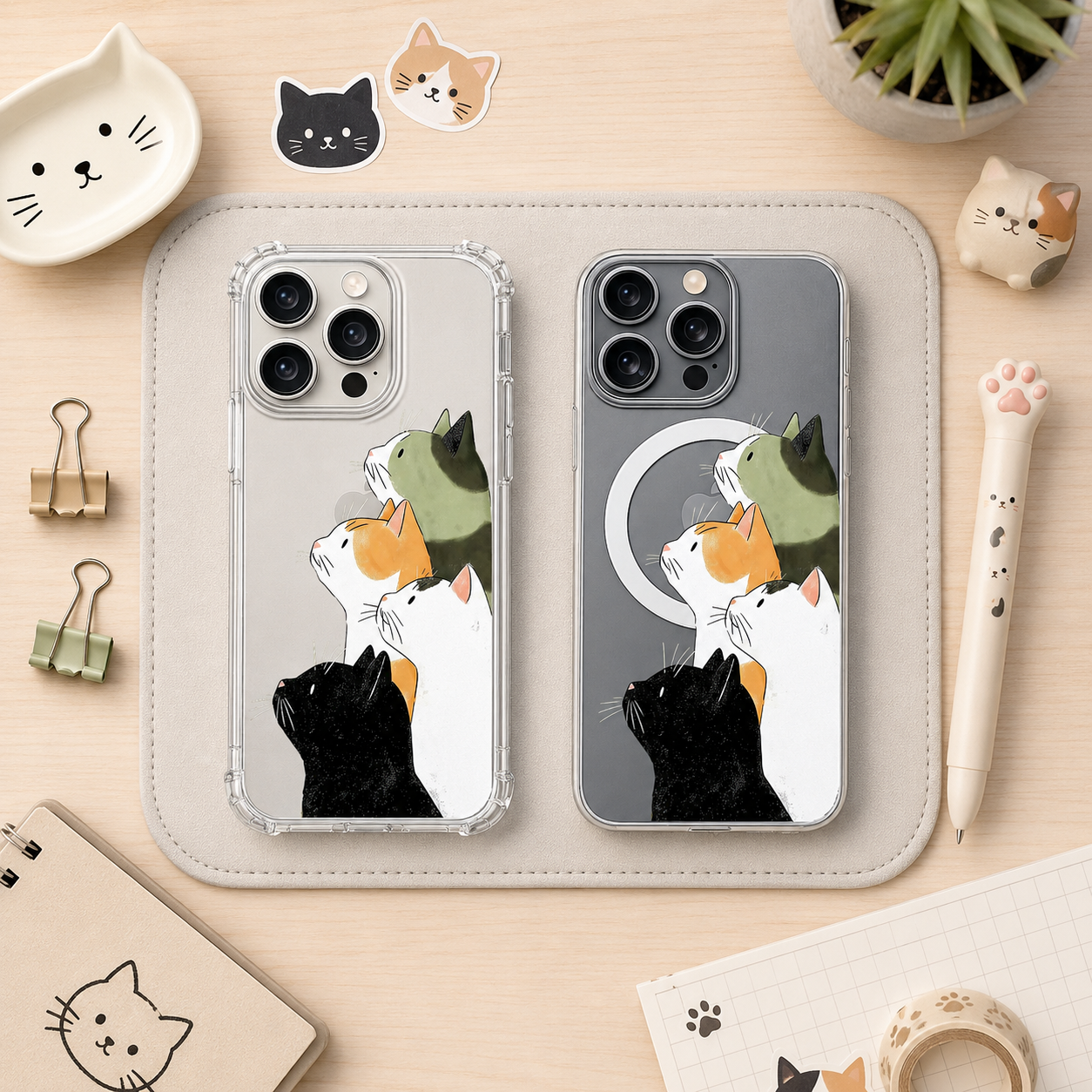 Cute Cat iPhone Case , Samsung Case, Aesthetic Cat Clear Phone Case, MagSafe Compatible Kitty Phone Cover for Cat Lovers