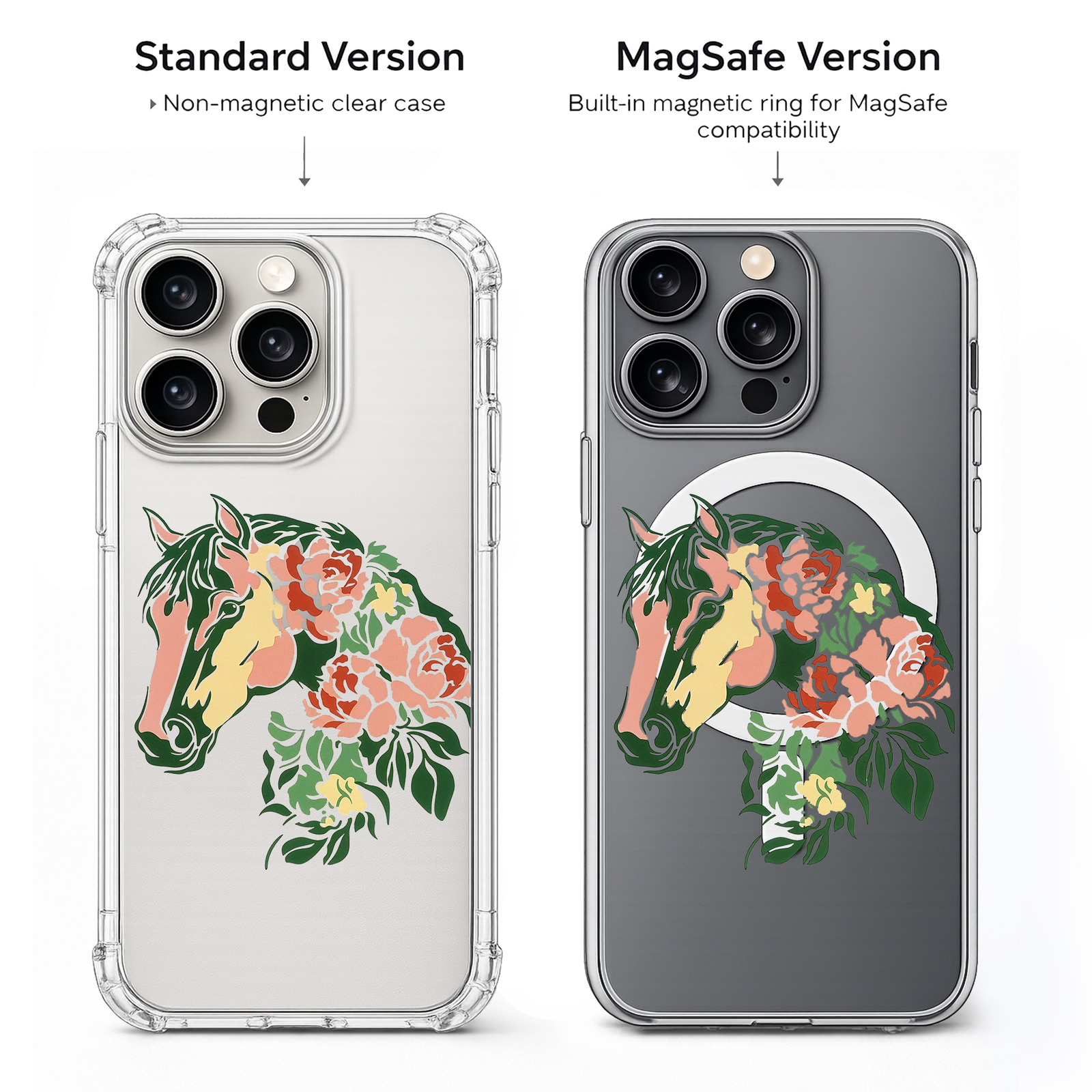 Floral Horse iPhone Case , Samsung Case, Boho Horse Clear Phone Case, MagSafe Compatible Horse Lover Phone Cover