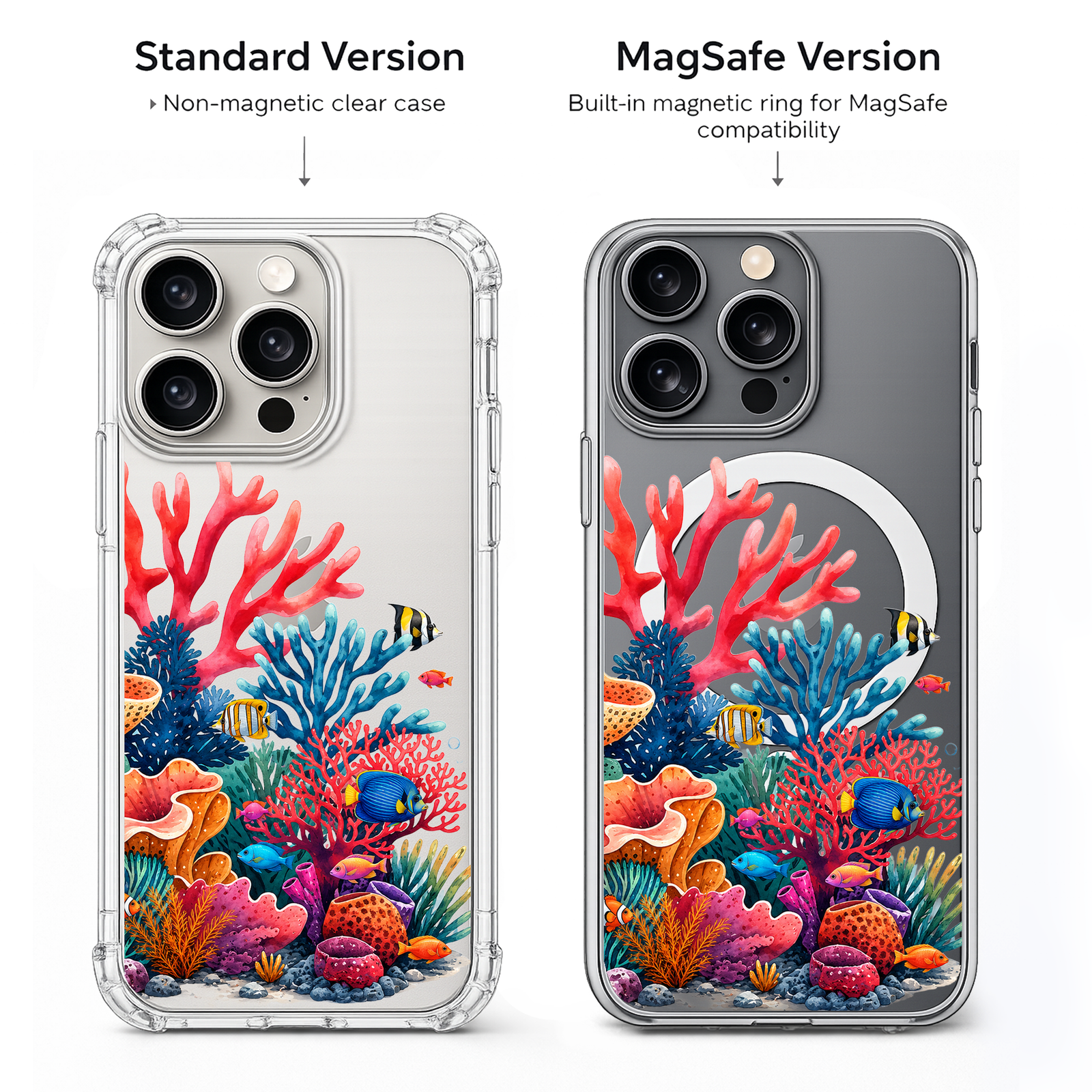 Colorful Coral Reef iPhone Case , Samsung Case, Underwater Ocean Clear Phone Case, MagSafe Compatible Tropical Fish Cover