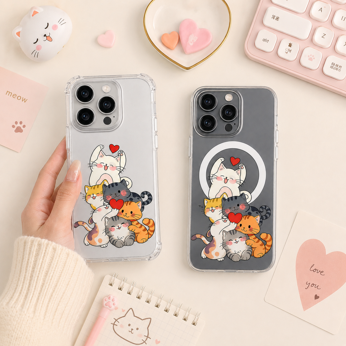 Cute Cat Family iPhone Case , Samsung Case, Kawaii Kitty Clear Phone Case, MagSafe Compatible Cat Lover Gift Cover